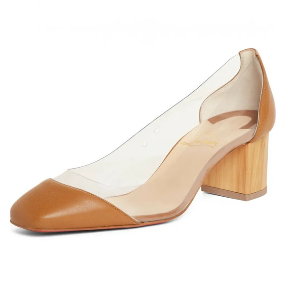 Christian Louboutin Grandola 55 Brown Leather PVC Block Heel Sandal Pump 37.5 - Picture 3 of 12